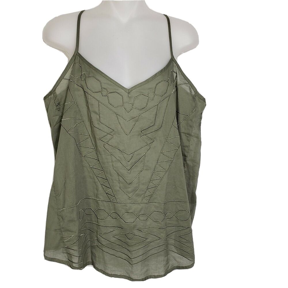 Maurices Womens Blouse Size Large Green Embroidered Racerback Tank Top Sheer